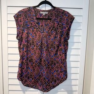Daniel Rainn Pleated Purple Geometric Chevron Smocked V-Neck Womens Blouse Top L